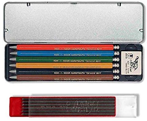 Koh-I-Noor VERSATIL 5217 - Druckbleistifte im Metalletui, unterschiedliche Farben (6 Stück) und Graphitminen 2mm 2B (12 Stück)
