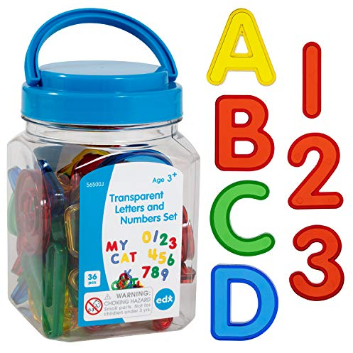 edxeducation -56500 Juego de Letras y números Transparentes - Mini Tarro - Colorido, Letras y números de plástico - Accesorio para Caja de luz - Juego sensorial