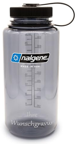 Nalgene Trinkflasche 'Everyday-Weithals-Sustain' – 1L (grau-Deckel schwarz, mit Namensgravur)