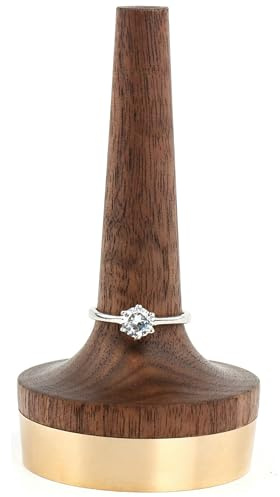 Wooden Ring Holder For Jewelry | 1 Piece | Black Walnut Wood & Brass Stand | Gift For Men & Women, Engagement, Wedding & Anniversary | Him & Her Rings Modern Display | Fits Any Band Size 00 Up | Wooden Ring Holder For Jewelry | 1 Piece | Gift For Men & Women| Him & Her Rings Modern Display | Fits Any Band Size 00 Up