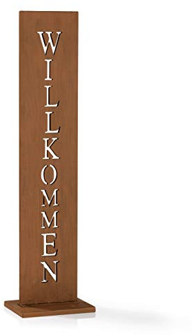 EASYmaxx Garten Deko Standschild - Willkommen | Gartensäule mit Spruch, Spruchschild aus Metall in Rostoptik | Wetterfestes Willkommen Schild für drinnen und draußen [77 cm Höhe]