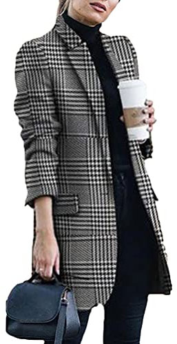 Onsoyours Veste Gilet Blazer Manteau Hiver Femme Bouton De Mode À Carreaux Vintage Hiver Chaud Manches Longues en Laine B Gris1 M