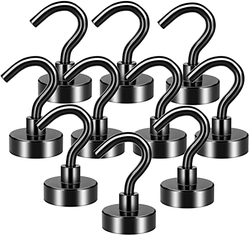Grtard 10 Pack Black Magnetic Hooks - 22 lb+ Strong Neodymium Magnets, Ideal for Cruise, Bathroom, Kitchen, Office, Garage, BBQ Grill