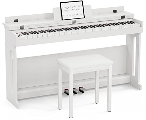 UMOMO 88 Weighted Key Graded Hammer Action Piano with Bench, Digital Electric Piano with Piano Stand, Headphone Jack, 3 Pedal, Full Size Electronic Piano Keyboard for Beginner, Adults, White