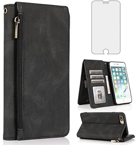 Compatible with iPhone 7plus 8plus 7/8 Plus Wallet Case Tempered Glass Screen Protector Zipper Leather Flip Cover Card Holder Stand Phone for i Phone7s 7s + 7+ 8s 8+ Phones8 7p 8p Women Men Black