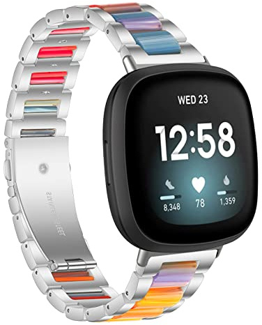 Gheper Harz Edelstahl Armband Kompatibel mit Fitbit Versa 4 / Versa 3 / Sense Smartwatch Armbänder Ersatz Metallarmband für Damen Herren