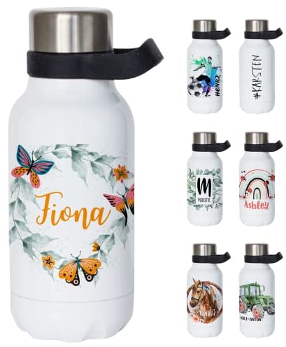 GRAZDesign Thermosflasche mit Henkel - Trinkflasche personalisiert mit Namen, auslaufsicher, BPA-frei, Edelstahl, Kohlensäure geeignet (Schmetterlinge, 550ml)