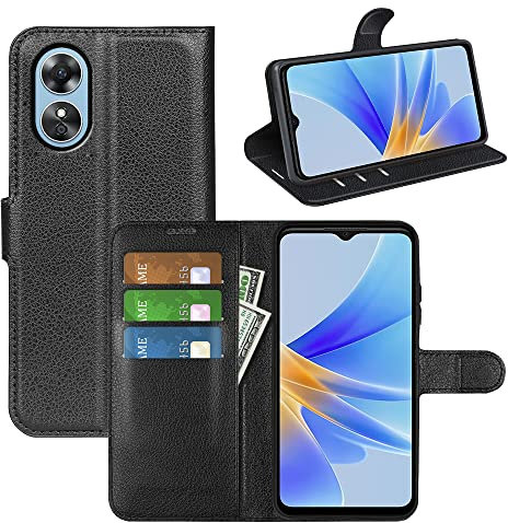 Fertuo Cover per OPPO A17, Custodia Portafoglio Cover a Libro in Pelle Flip Case con Silicone Bumper, Fibbia Magnetica, Porta Carte, Kickstand, per OPPO A17, Nero