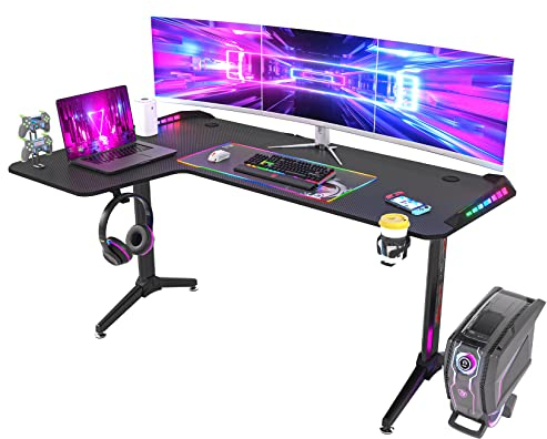 Computer Gaming Desk RGB LED:L Shape Larger Corner Game Table 160 x 100cm Carbon Fiber Black Desktop Gamer Desks with 6 Colors 8 Modes RGB Offer Cable Management Box Headphone Hook and Cup Holder,Left