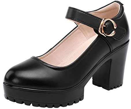 WOkismD Damen Plattform Mary Janes Pumps Chunky Ankle Strap Buckle Round Toe High Heel Schuhe Block Mid Heel Pumps Dress Comfort Elegante Schuhe,Schwarz,36
