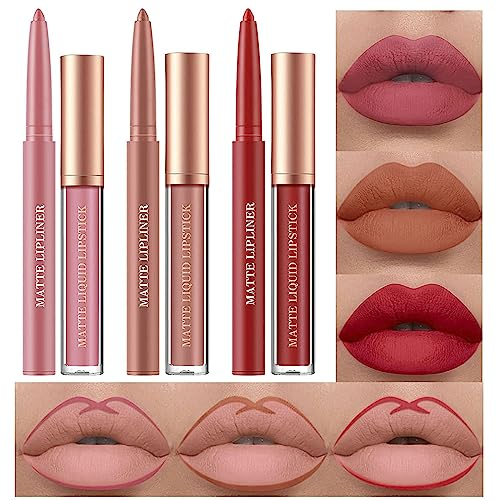 6 Stück Matt Lippenstift & Lip Liner Set, Velvety Nude Lipstick, Stay On 24 Hours Waterproof Non-Stick Cup Not Fade Liquid Lipstick, Lip Liner Lip Gloss Make Up Set (Set F)