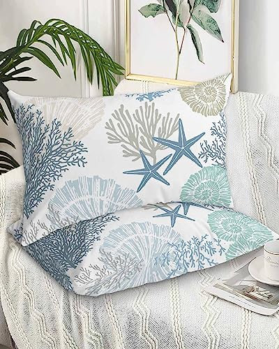 DecorLovee Coastal Pillow Cases Standard Size Set of 2 - Microfiber Bed Throw Pillow Covers Blue Teal Coral Summer Beach Seestern Decorative Lumbar Pillow Cover with Envelope Closure for Sofa/Travel