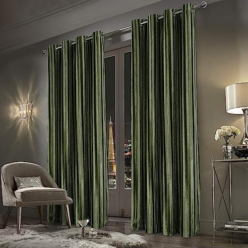 always4u Rideau 100% Occultant en Velours à Longues Rayures, Double Rideaux Isolation Thermique avec Oeillets, pour Salon Chambre Cuisine, Élégant,Vert Olive 140x245cm Lot de 2