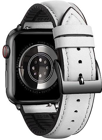 BINLUN Cinturino in Pelle Silicone Compatibile con Apple Watch 42mm 44mm 45mm 46mm 49mm Microperforazioni Pelle e Gomma Ibridi Cinturini Adatto per iWatch Uomo Donna(Nero Fibbia,Bianco)