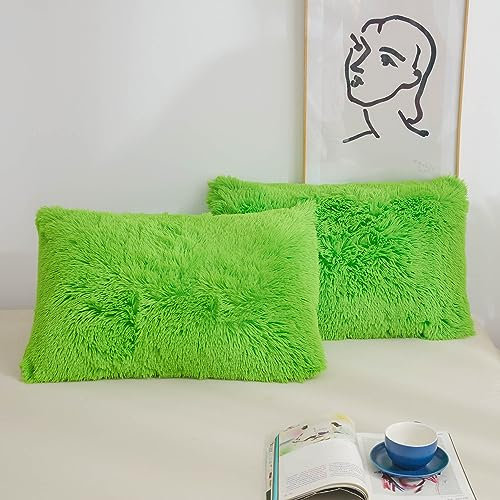 XeGe Set di 2 federe per cuscini in finta pelliccia, morbide federe in velluto a pelo lungo, decorazione per letto e divano, chiusura con cerniera, set di 2 (king size, verde lime)