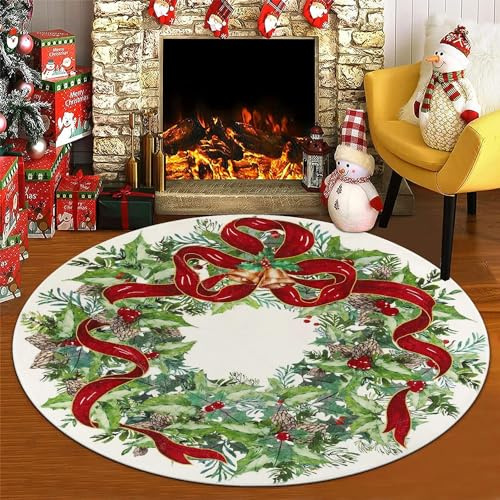 SHACOS Weihnachtsteppich Rund Grün 120cm Kurzflor Weihnachten Teppich Rund rutschfest Waschbar Weihnachtsmatte Weich Runder Weihnachtsteppich für Wohnzimmer, Küche, Flur, Weihnachtsdeko - Weiß