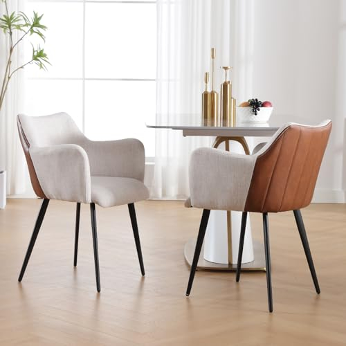 chairus Esszimmerstühle 2er Set Schminkstuhl PU Leder + Leinen Stoff Patchwork Armchairs Modern Sessel mit Metallbeinen für Wohnzimmer (Beige(Leinen))