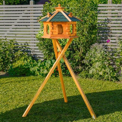 Deko-Shop-Hannusch Vogelhaus wahlweise mit Ständer und Solarbeleuchtung, Verschiedene Größen L - XXL, Futtersilo, wetterfestes Bitumendach (Größe Standard L mit Ständer, grün)