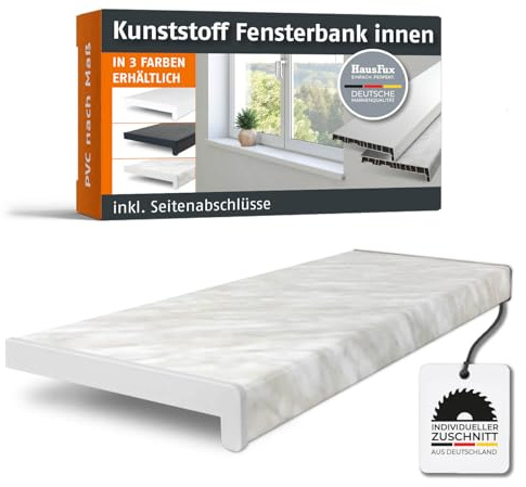 HausFux PVC Innenfensterbank nach Maß, Carrara Marmor (T x L: 40 x 120 cm) | Inkl. passender Seitenabschlüsse – maßgefertigte PVC-Innenfensterbank, pflegeleicht, robust und einfach zu montieren.
