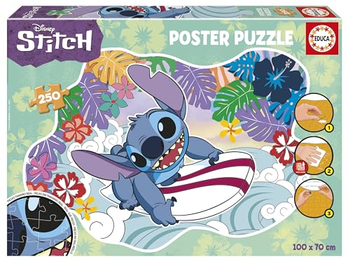 Educa - Stitch | KinderPuzzle mit 250 Teile. Puzzle mit Einer bestimmten externen und großen Form: 100 x 70 cm. Beinhaltet die puzzlekleber FixPuzzle. Empfohlen für Kinder ab 8 Jahre (19963)