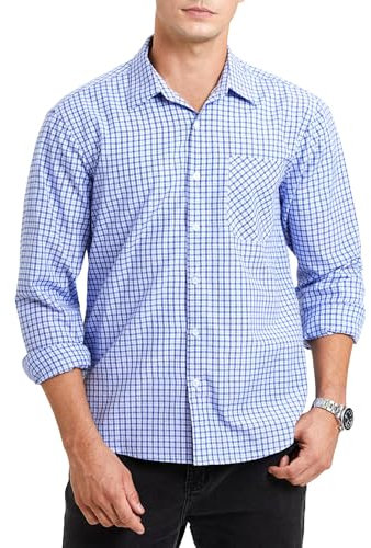 Enlision Mens Plaid Shirt Long Sleeve Check Shirts for Men Smart Casual Button Down Checked Lumberjack Formal Business Work Top with Pocket Regular Fit, Light Blue and White, L