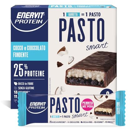 Enervit Protein Pasto Smart Cocco Ciok, Barretta Proteica Sostitutiva del Pasto, Gusto Cocco e Cioccolato Fondente, Per il Controllo del Peso, 1 Barretta=1 Pasto, Senza Glutine, 6 Barrette da 55g
