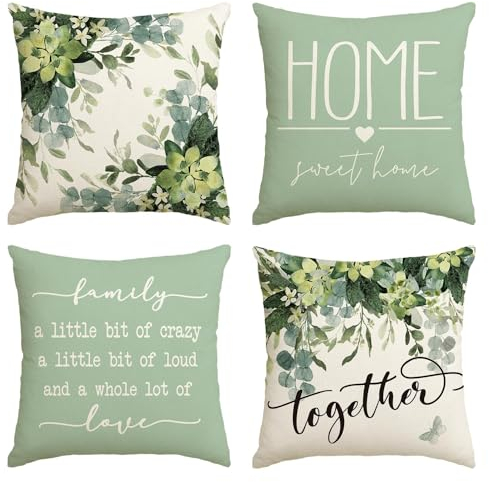 Artoid Mode Family Love Eukalyptus Blätter Sommer Kissenbezüge 4er Set, 45x45 cm Frühling Home Sweet Home Zierkissenbezug Cushion Cover Deko