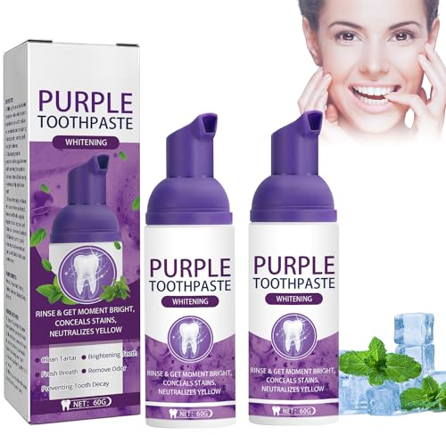 Lila Zahnpasta Weisse Zähne, Violette Zahncreme 60g, Zahnaufhellung Zahnpasta, Reinigung Zahnflecken, Reinigung der Zähne von Gerüchen, Frischer Atem, für alle Arten von Zähnen (2 Stück)