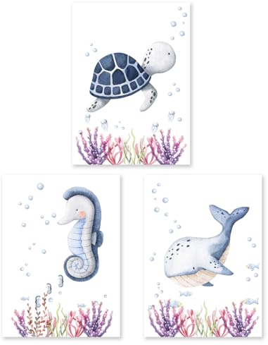 3 liebevoll designte Poster | Tiere Meerestiere Wal Schildkröte Seepferdchen | Dekoration für Kinderzimmer Babyzimmer Kinderbilder Geschenk für Mädchen Jungen | kräftiges Premium-Papier | DIN A4