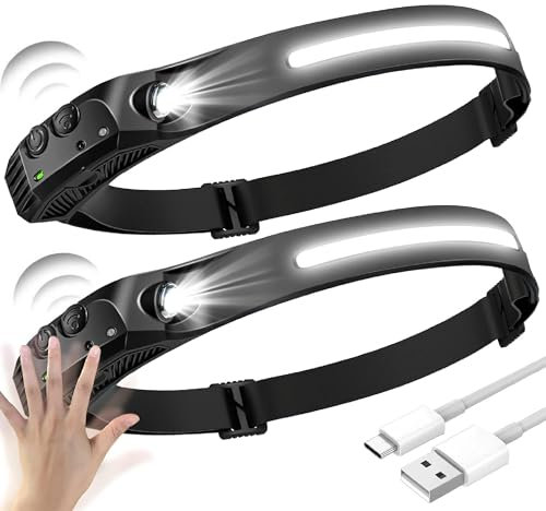 Head Torch Headlamp 2 Packs, 6 Modes Motion Sensor Headlight, 230° Wide View Rechargeable LED Headtorch, IPX4 Waterproof, Hands-Free Flashlight, Gift for Adults & Kids,Camping,Running,Fishing,Cycling