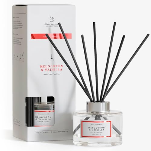 SEAL AROMAS – Ambientador Mikado Melocotón & Vainilla Premium 150ml | Difusor de Aromas con 7 Varillas de Bambú para Hogar – Casa – Baño – Coche – Habitación - Restaurantes