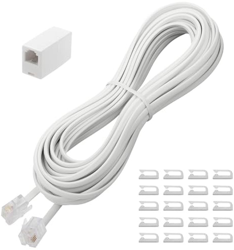 Uvital Phone Extension Cord 25 FT, Phone Line Cord with Standard RJ11 Plug and 1 in-Line Couplers and 20 Cable Clip Holders, White Telephone Cable