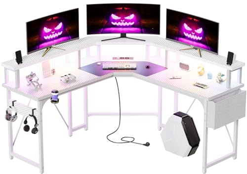 Devoko L Shaped Desk 153x153cm with Power Outlets,LED Corner Gaming Desk with Shelves, Large PC Writing Table for Home Office Bedroom,Monitor Stand, Hooks,White