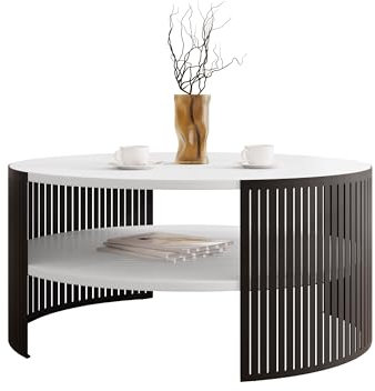 Mirjan24 Couchtisch mit Ablage Fahugin, Runde Form, Beine aus Metall, Kaffeetisch, Wohnzimmertische, Beistelltisch, Sofatisch, Teetisch (Arktisches Weiß, Schwarz)