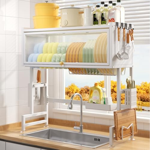 Qidordour Escurridor de platos grande para encimera de cocina, diseño a presión con múltiples cestas, soporte para utensilios, 3 niveles, color blanco (85 cm de ancho)