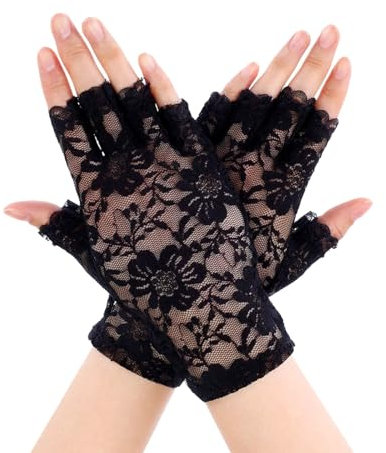 Damen Spitzen Handschuhe, Netz Blumen Handschuhe, Kurze Halbfinger Fingerlose Gloves, Lace Short Gloves, Braut Spitze Handschuhe für Abend halloween Hochzeit Cosplay Party Kostümzubehör (Schwarz)
