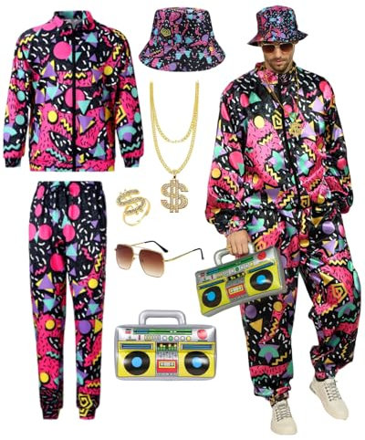 Ginkago 80s 90er Jahre Outfit Herren Retro 80er Kostüm mit Jacke Hose Hut Hip-Hop Halskette Ringe Aufblasbares Radio Disco Brille, Trainingsanzug Kostüm für Mottoparty Karneval (Lila, L)