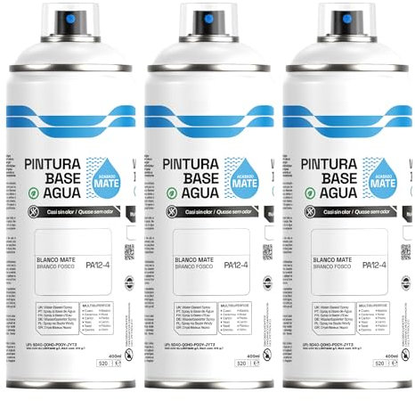 H HANSEL HOME Pintura Spray Base Agua 400ml - Para Muebles, Metal, Plástico y Madera - Ecológica y Sin Olor, Colores Duraderos - Blanco Mate, 3 unidades