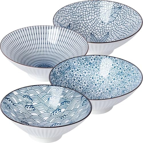 Yuanlity 38 oz Japanese Ramen Bowl Set of 4 - Large 8 Inch Ceramic Soup Bowls, Blue and White Japanese Noodle Bowls for Pho, Ramen, and Cereal - 4 Mixing Patterns