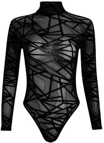 ABEHIK Durchsichtiges Oberteil Damen Sexy Rave Body f�r Musikfestival Hochgeschlossener Disco Party Outfit Pole Dance Nezt Blusebody T-Shirt schwarz Streifen XL