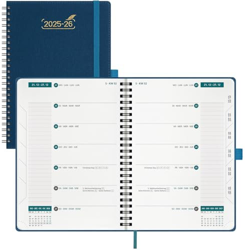 BEZEND 18-Monate Kalender 2025 2026 Terminplaner A5 1 Woche 2 Seiten mit 2 Spalten, Wochenplaner von Juli 2025 bis Dezember 2026, Buchkalender Spiralbindung mit Pu-Leder Softcover, Preußisch Blau