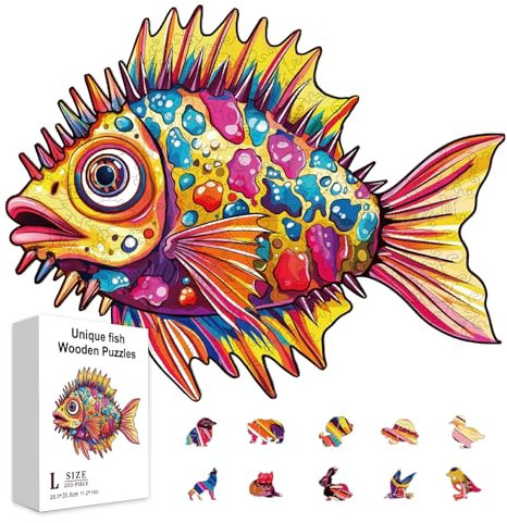 GLOBLELAND 200 Stück 14.1x11.22 Zoll Einzigartiger Fisch Holzpuzzle Für Erwachsene Lustiger Fisch Einzigartige Geformte Holzpuzzle Bunte Puzzle Für Weihnachten Geburtstag