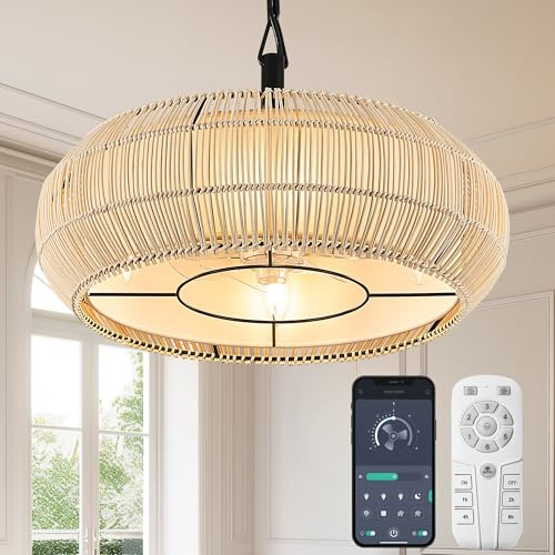 HEMLDAN Ceiling Fan 20 Inch Rattan Cage with Fabric Display Boho Style Hand Woven for Dining Room Bedroom Smart App Remote Control / FCC