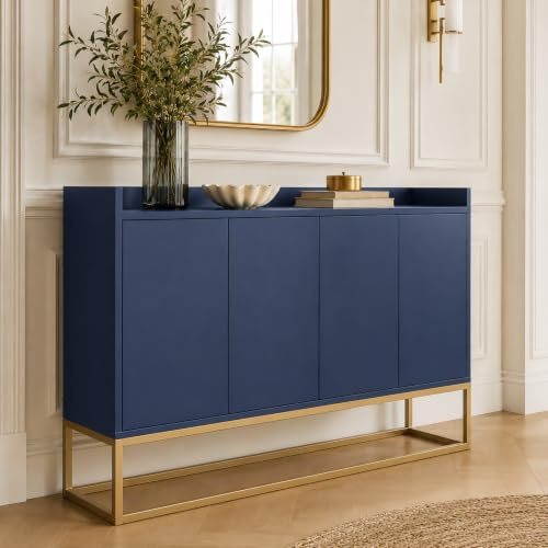 YGHQAP Modernes Sideboard, Buffetschrank Mit 4 Türiger Griffloser, Kommode, Komodenschrank, Minimalistisches Küchenschrank Aufbewahrungsschrank Für Wohnzimmer Esszimmer Küche Flur (Blau)