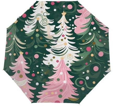 Automatic Folding Umbrella Art Pink Green Xmas Tree Auto Open Compact Portable Windproof Travel Umbrella for Women Men Girls Kids Boys