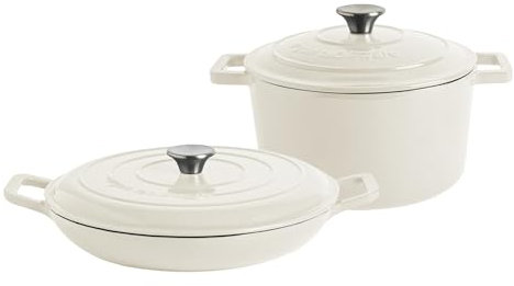 Argon Tableware 2.3L/4.68L Shallow Cast Iron Casserole Dish Set with Self-Basting Lids - Pebble Gloss - 2pc Induction Hob Cooking Dutch Oven Bread Baking Serving Roasting Stew Stock Pot Cookware Pan
