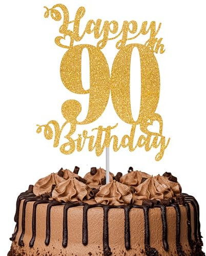 1Pc Happy 90th Birthday Cake Topper Glitter Cheers to 90 Years Cake Topper 90 Fabulous Cake Decoration for Happy 90th Birthday Anniversary Party Cake Decorations Supplies Gold