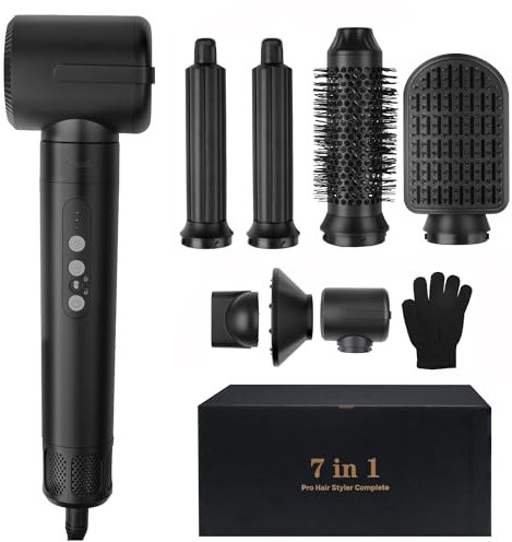 Saaf Föhnbürste 7-in-1 – 8-teiliges Airstyler Set – Föhn, Lockenbürste, Stylingbürste – Multistyler Hairwrap – Für Damen – Geschenkidee – Schwarz – Haar-Tool