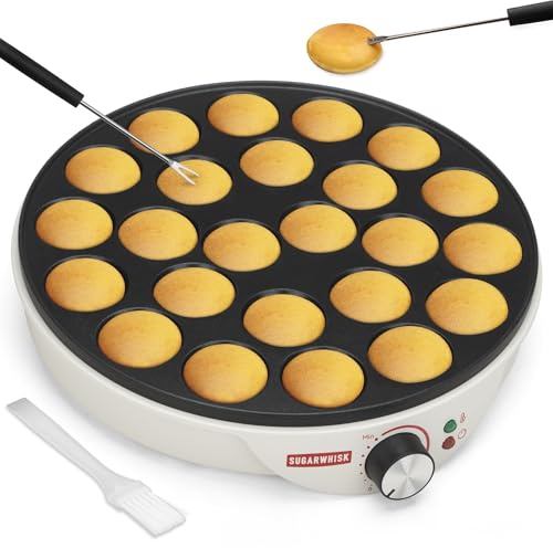 SugarWhisk 24-Fach Mini-Pfannkuchen-Maschine, Elektrische Aebleskiver- und Poffertjes-Herstellungspfanne, Dänische Pfannkuchen-Maschine, Cake-Pop-Hersteller, Holländische Pfannkuchen-Maschine, weiß