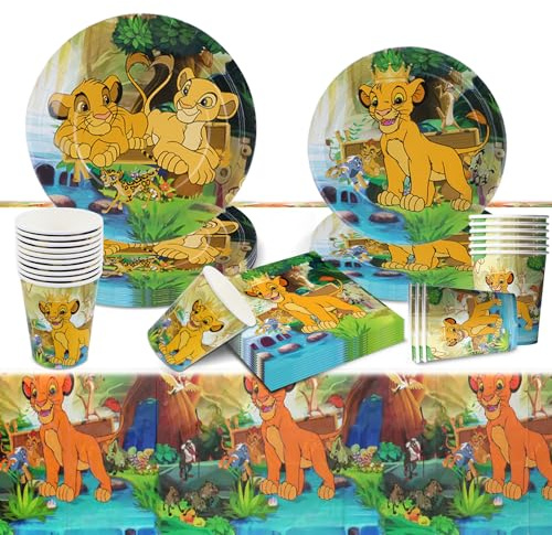Geburtstag Party Pappteller Kindergeburtstag- Anime Partygeschirr Set Birthday Lion Geburtstagsdeko Mädchen Junge Geschirr Party Tableware Supplies Kit Teller Tischdecke Servietten Tassen 10 Kinder